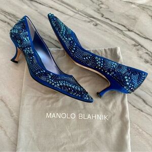 Manolo Blahnik Blue Crystal Satin Heels
